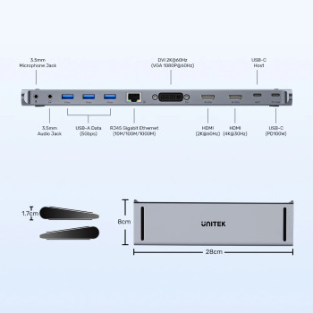 UNITEK UHUB11+ USB-C DISPLAYLINK 4K BAGLANTI ISTASYONU (D1147AGY01)